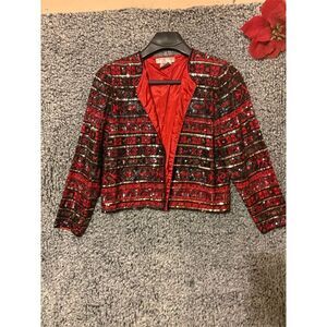 Adrianna Papell Vintage Beaded Silk Bomber Jacket Red Size L Formal